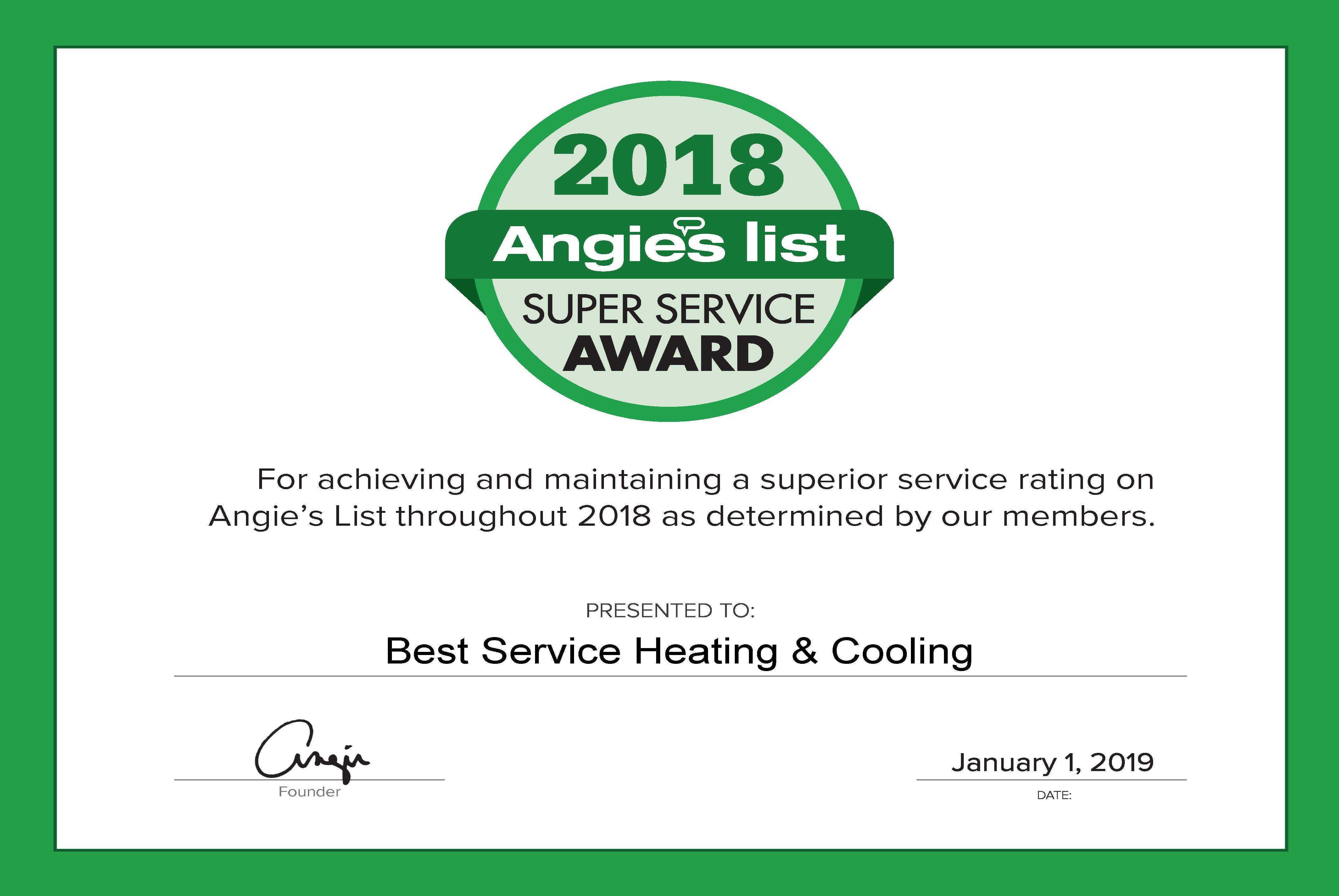 Best Service Heating & Cooling Earns 2018 Angie’s List Super Service Award