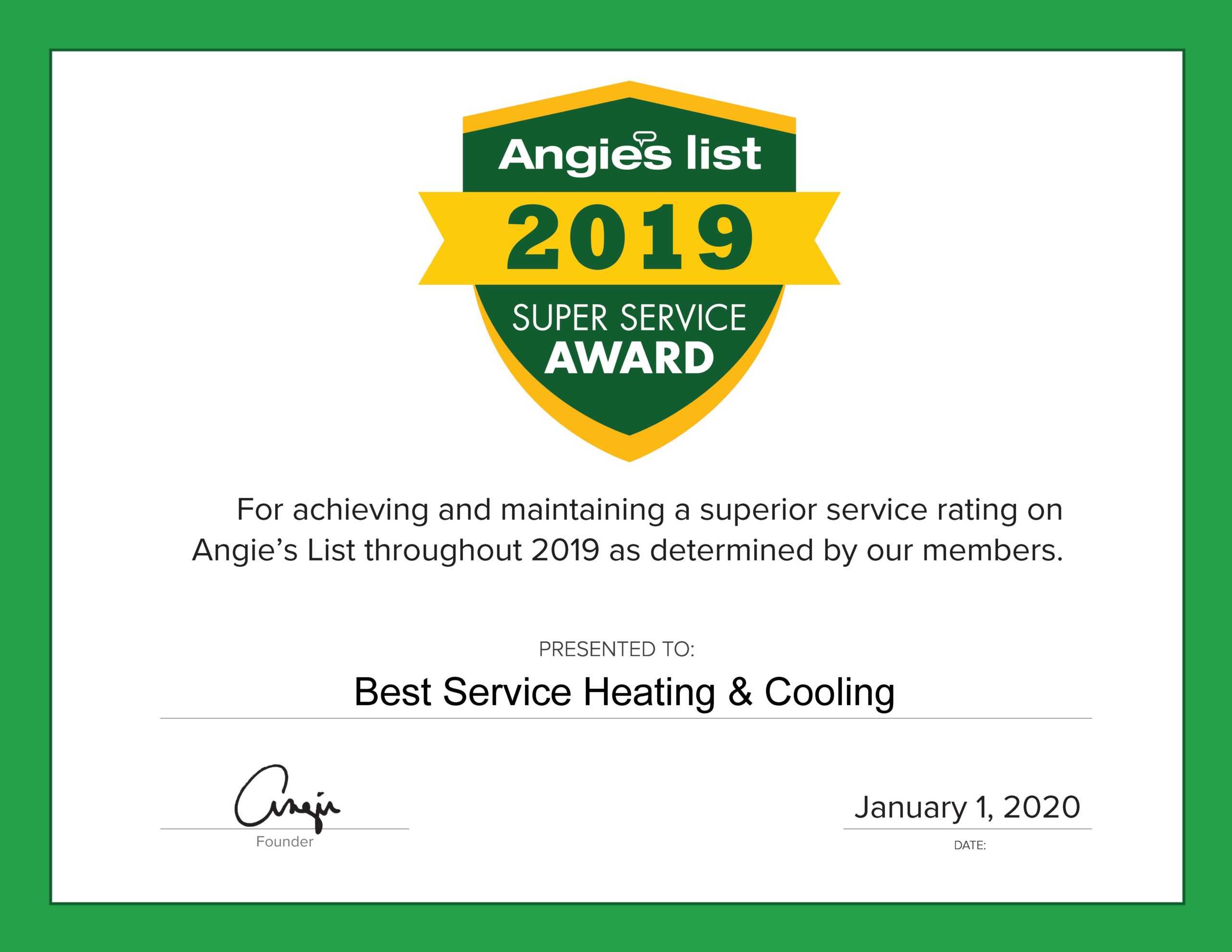 Best Service Heating & Cooling Earns 2018 Angie’s List Super Service Award