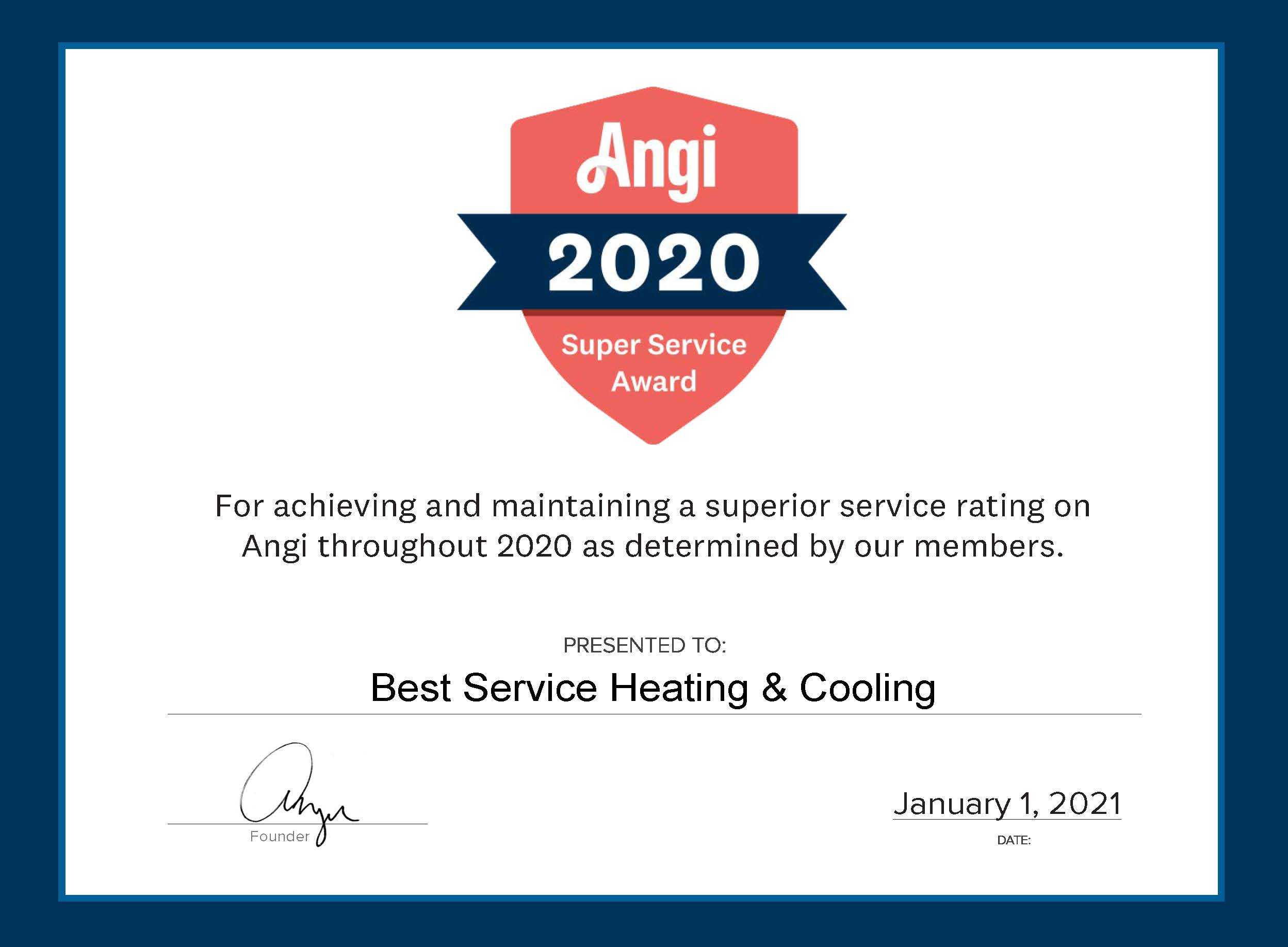 Best Service Heating & Cooling Earns 2020 Angie’s List Super Service Award