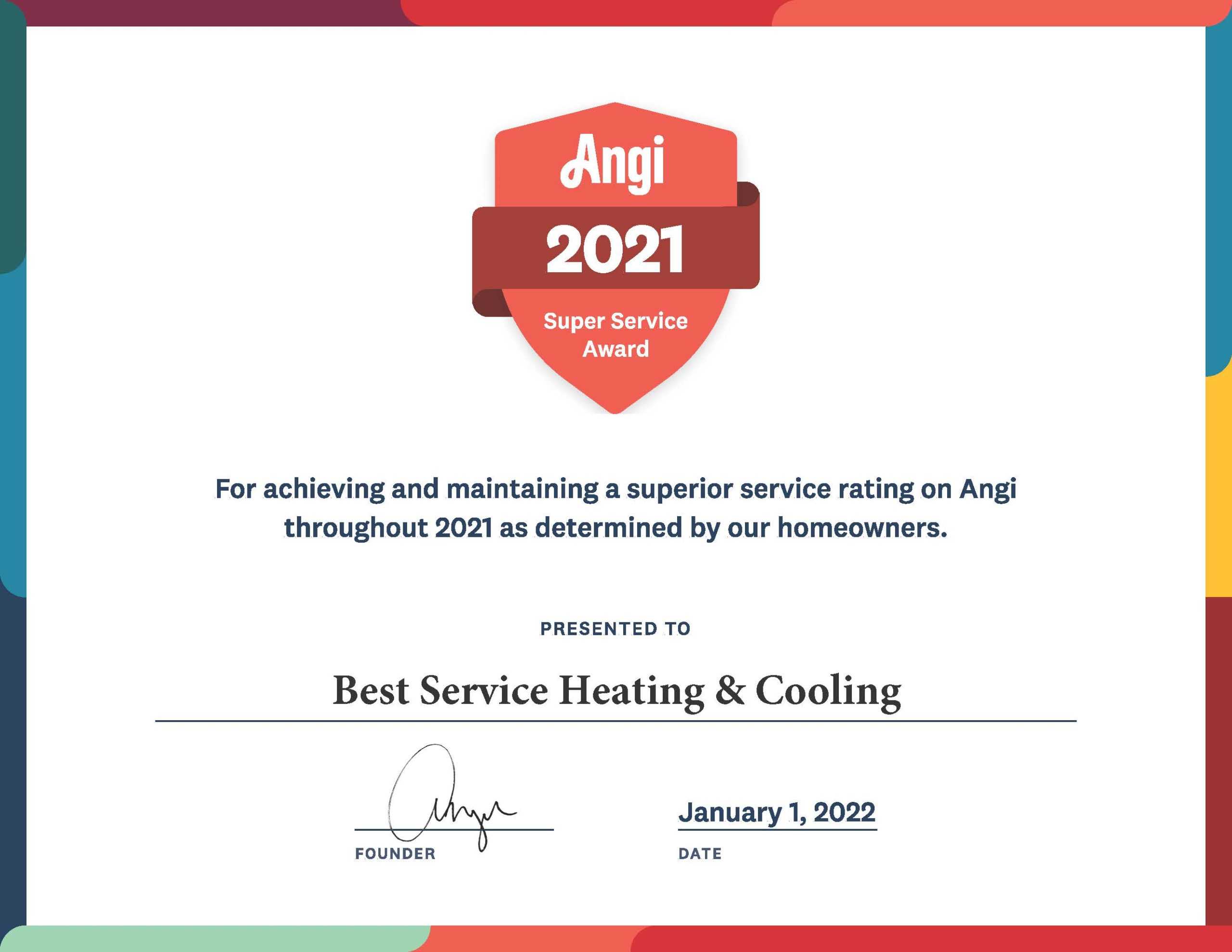 Best Service Heating & Cooling Earns 2021 Angie’s List Super Service Award